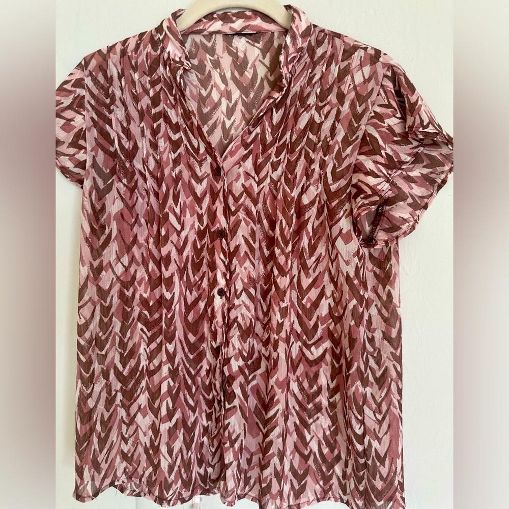 Sheer Chiffon Flowing Blouse Pink/Brown Sz S